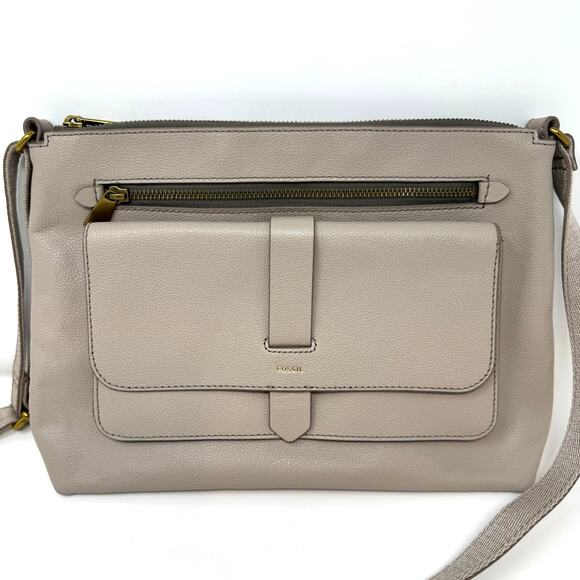 FOSSIL Kinley Leather Crossbody Bag Light Gray Bone Neutral Minimalist Classic - Picture 2 of 14
